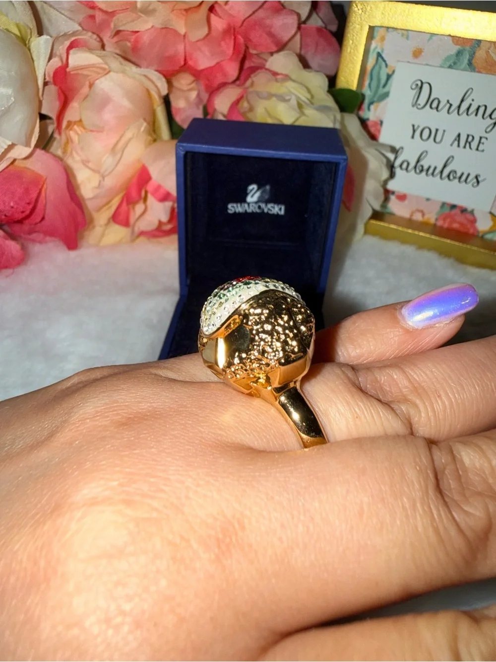 Swarovski Gold Tone Crystal Floral Statement Ring Size 58 EU Glam Cocktail Ring